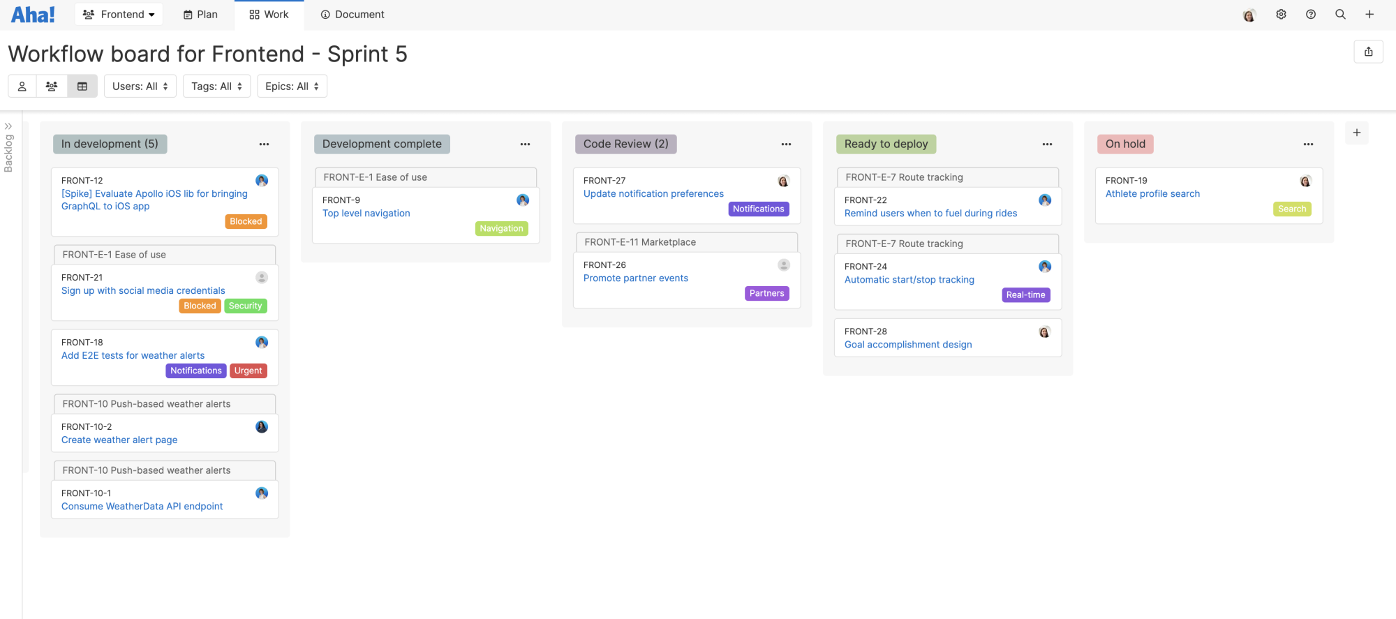 Example of a kanban-style features workflow board in Aha! Develop
