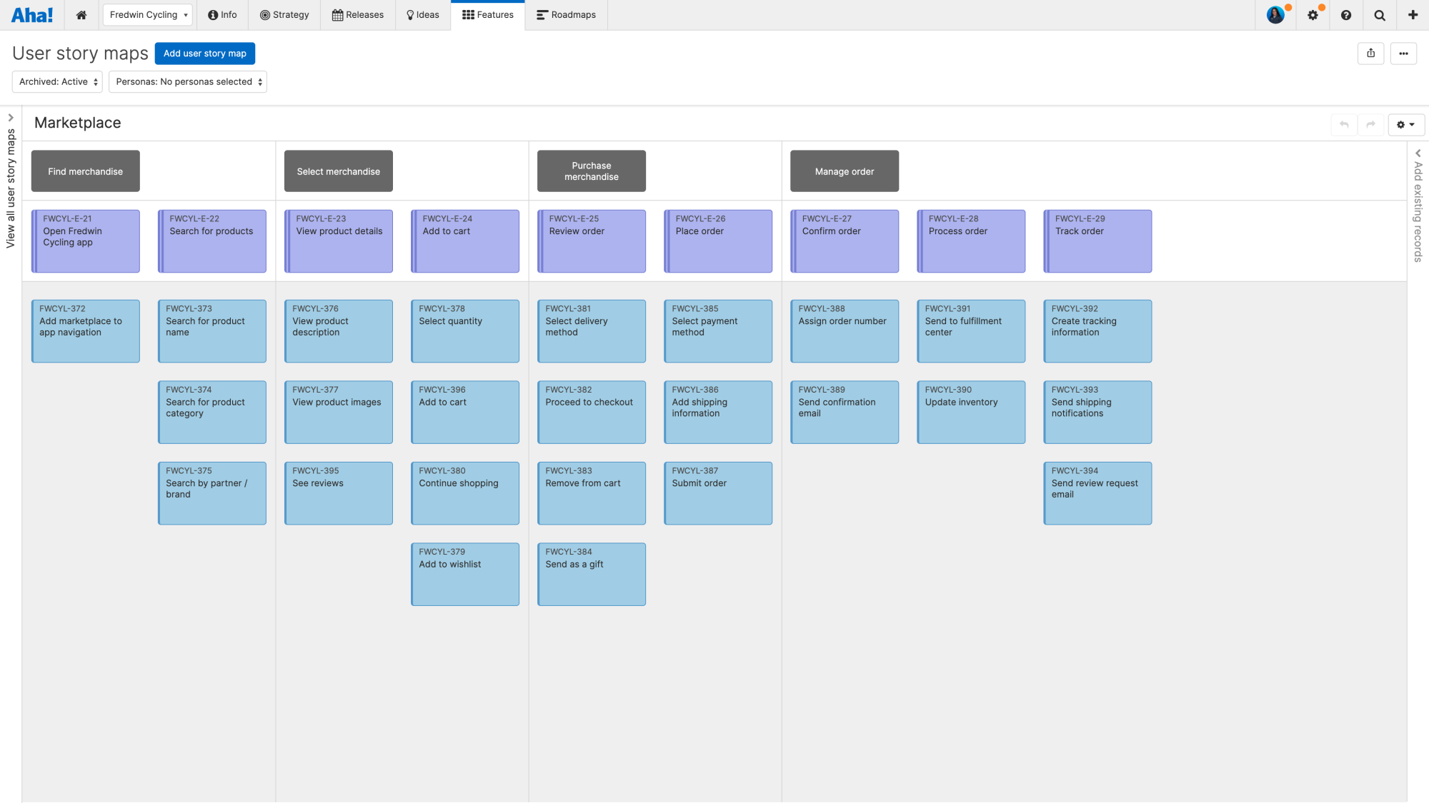 An example of a user story map in Aha!