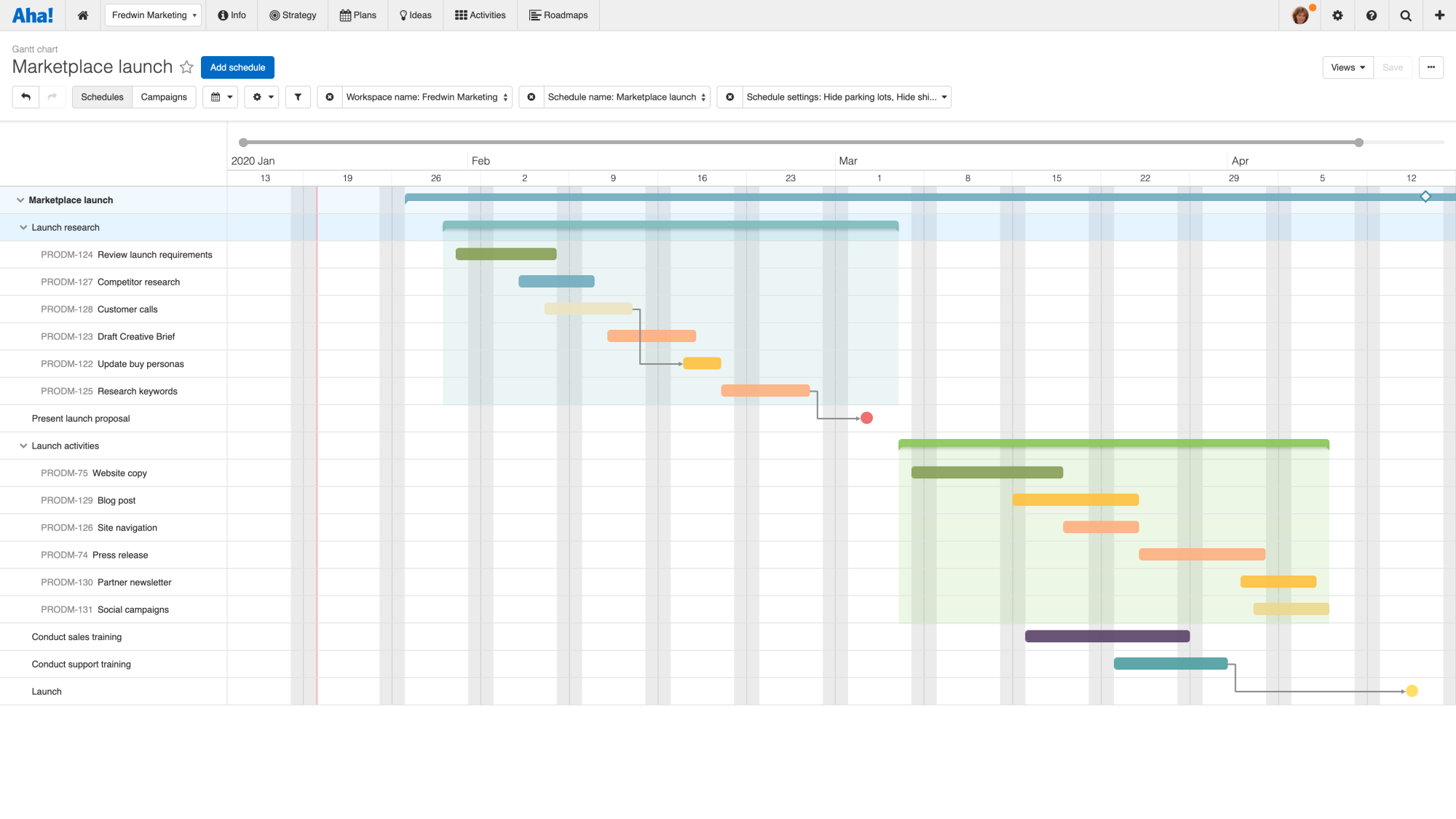 A Gantt chart in Aha! Roadmaps 