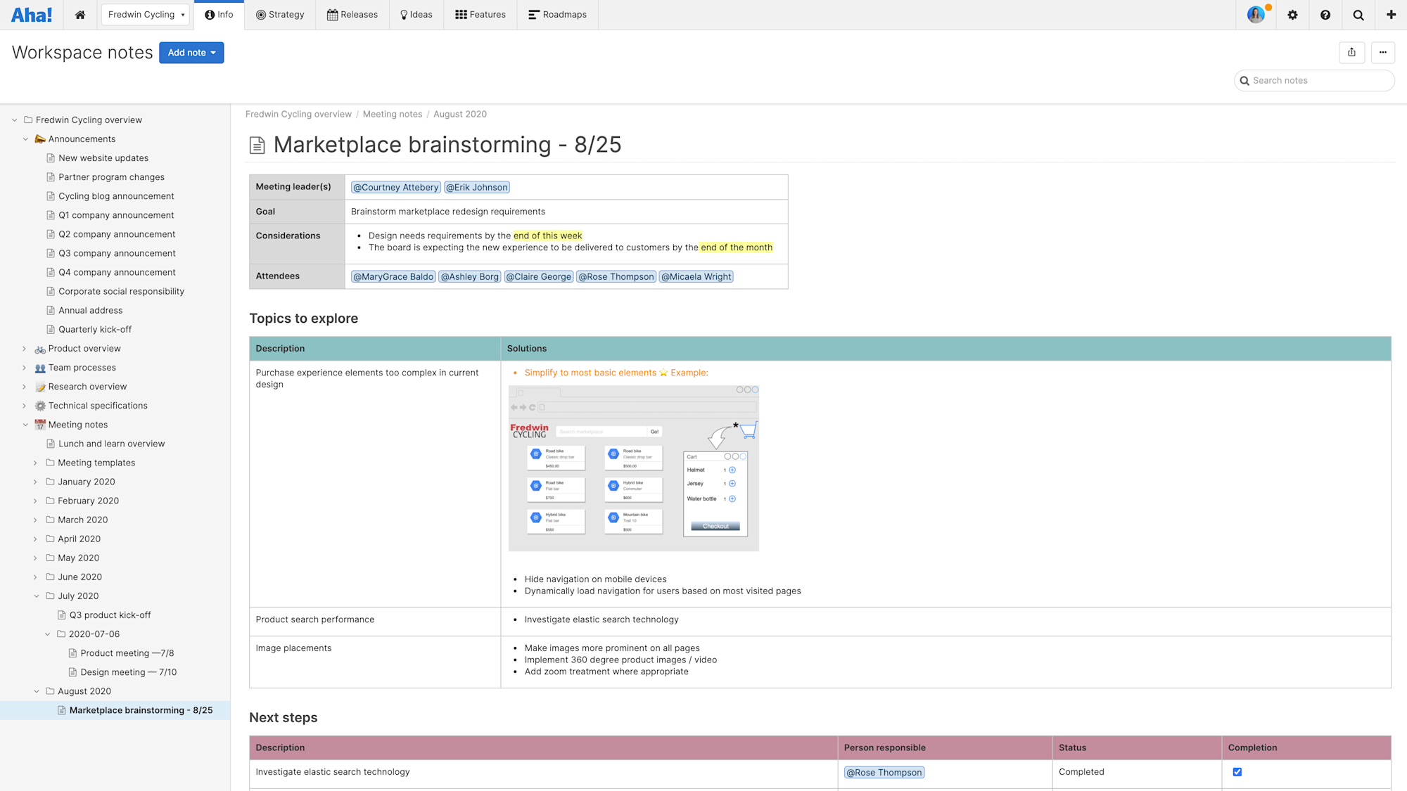 Workspaces notes page