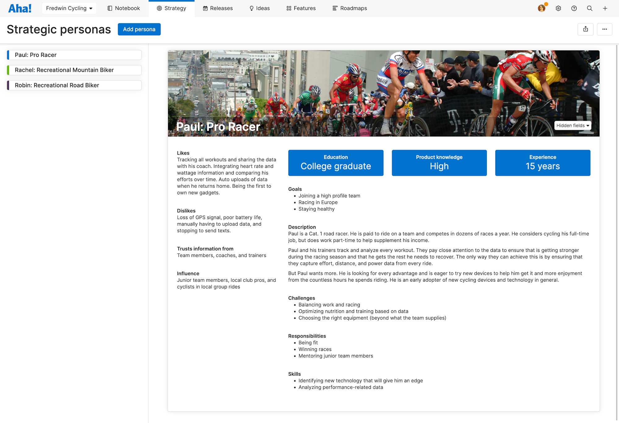 product tour strategy persona example