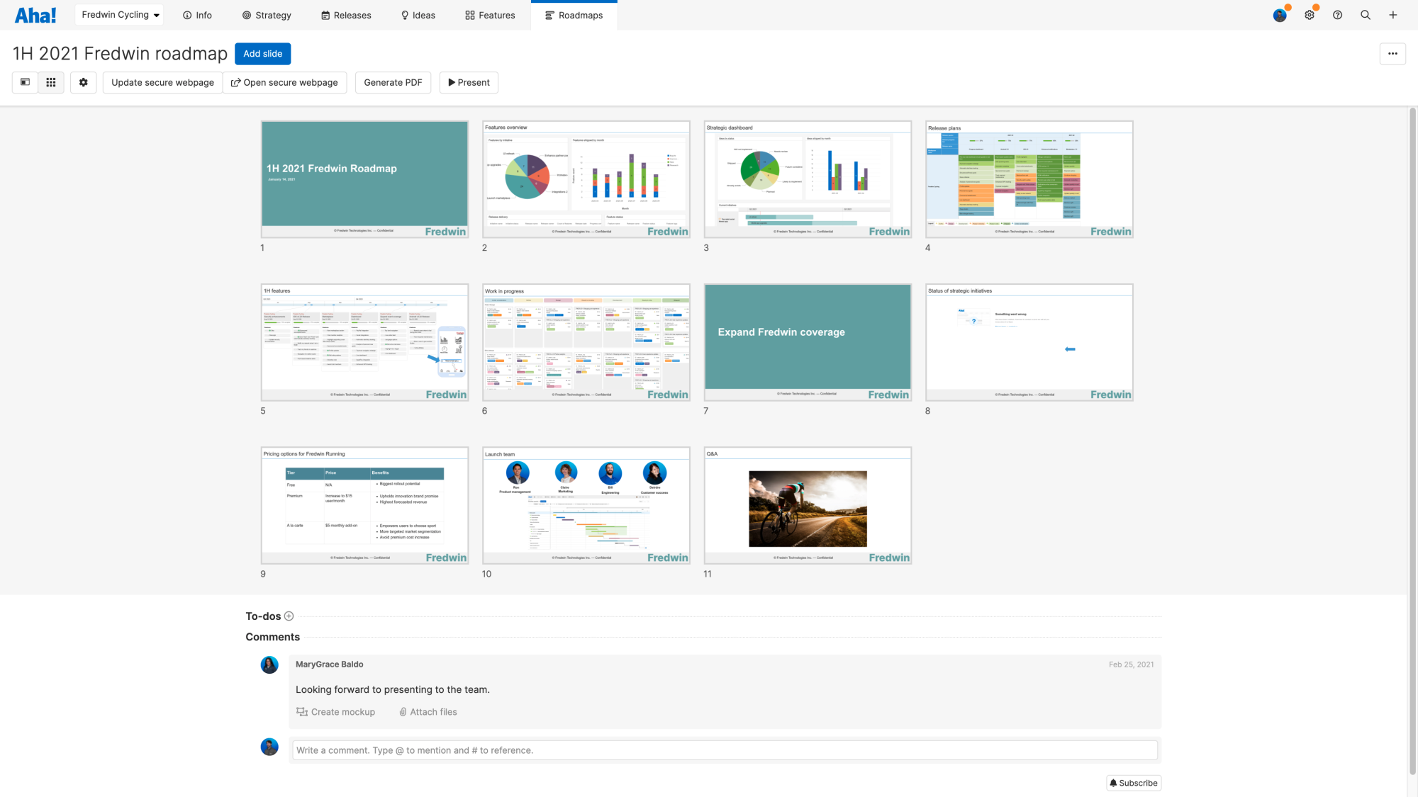 Grid view of an Aha! Roadmaps presentation