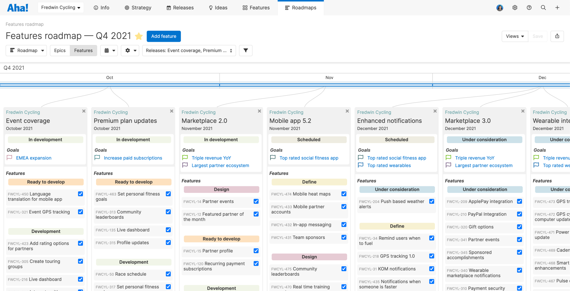 This is an example of a features product roadmap in Aha! Roadmaps. It conveys the details of what is coming when. You can customize the view to show only the releases and features you want to include.