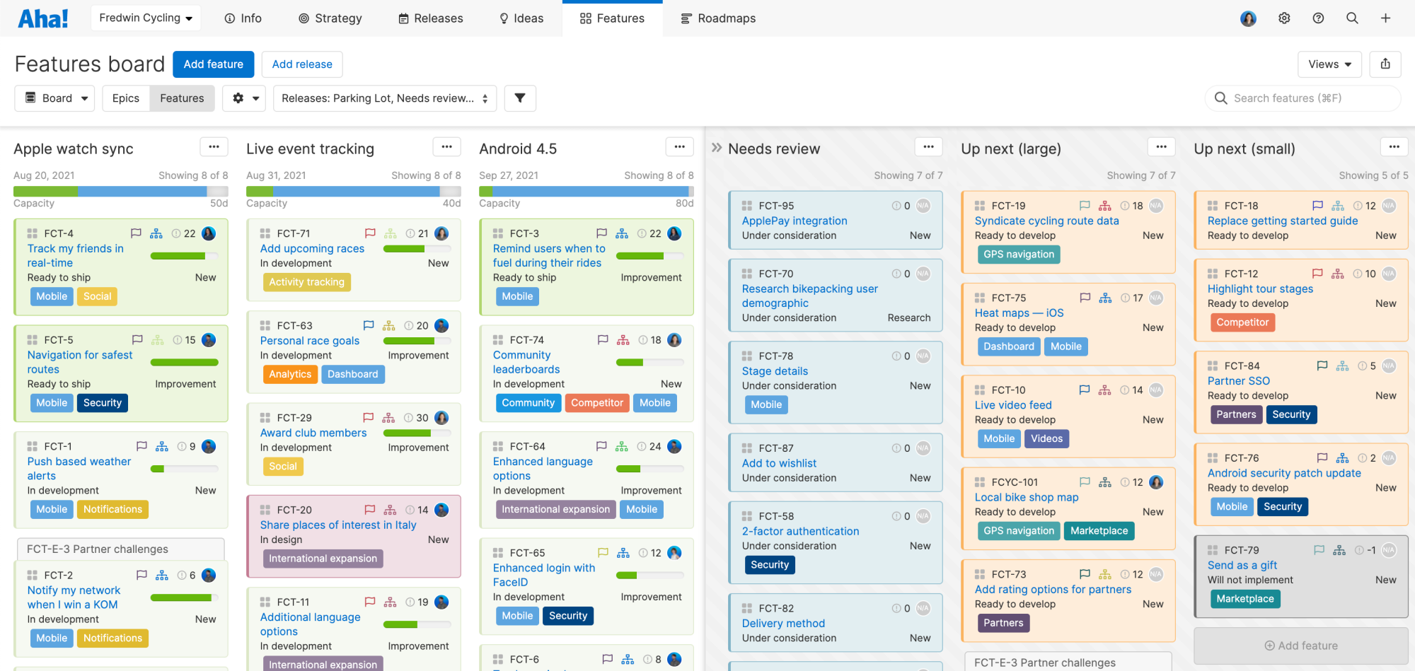 This is an example of a categorized product backlog groomed in Aha! Roadmaps. Backlog items are organized into different sections in the parking lot based on size and new items that still need review.