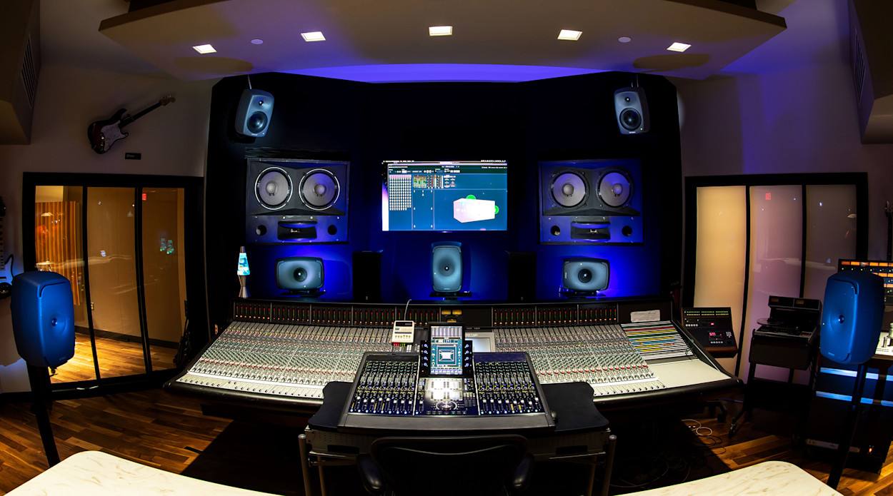 The state-of-the-art studio/mixing suite at Montgomery County Community College, in Blue Bell, Pennsylvania, featuring a Dolby Atmos® immersive-sound system with an all-Genelec 7.1.4 monitoring array.