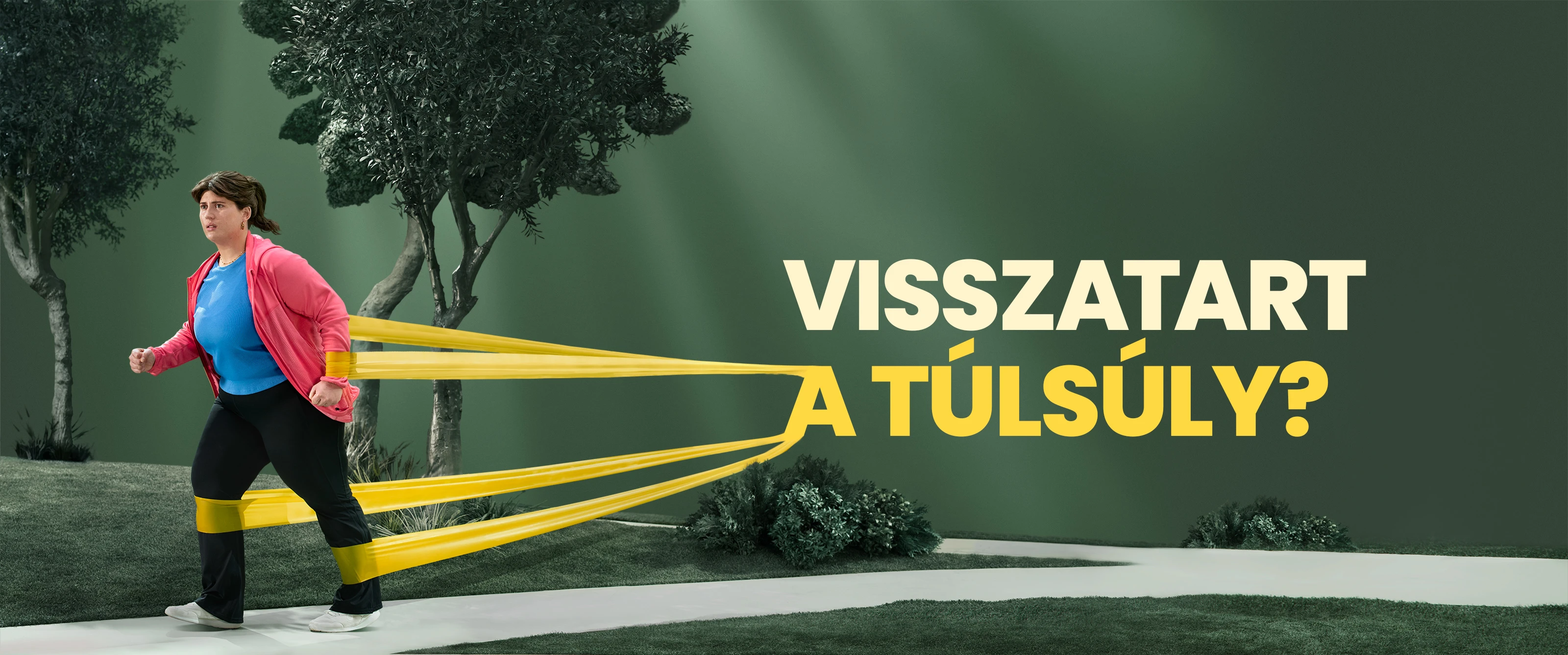 Elhízással élő nő zöld háttéren, akit sárga gumiszalagok tartanak vissza. A gumiszalagok egy kérdést formálnak: Visszatart a túlsúly?
