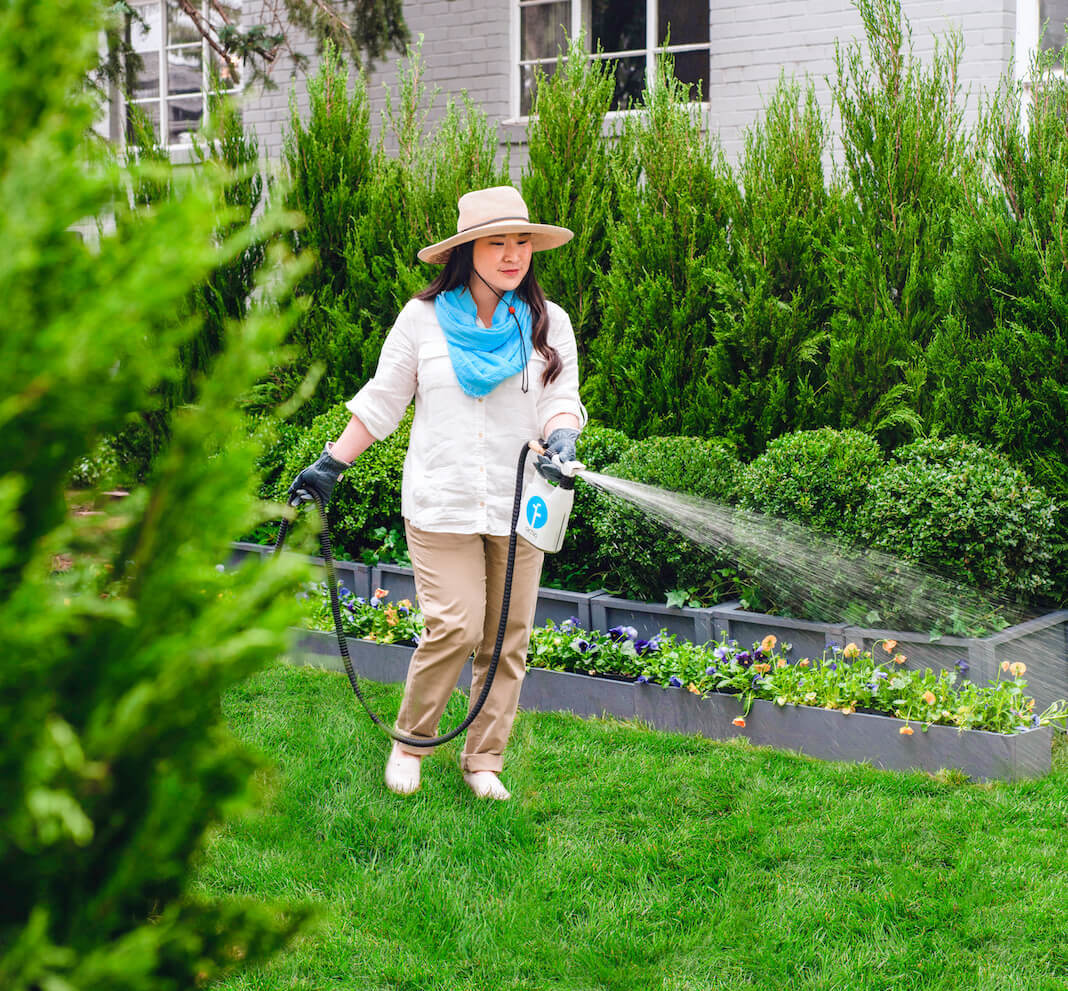 Lady watering her lawn