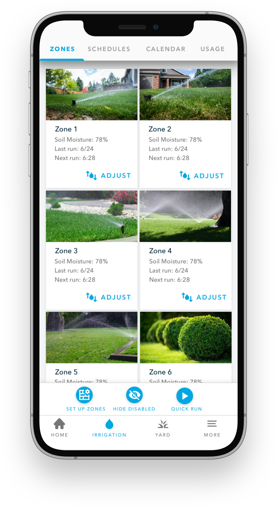 Screenshot of zones in Rachio mobile app