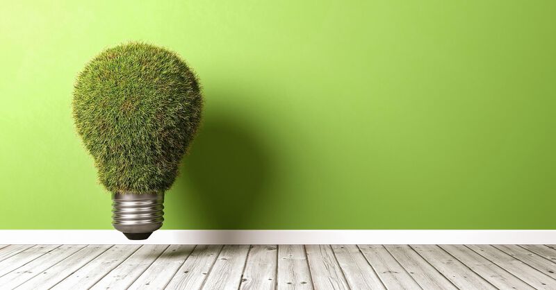 Light bulb made of grass floating in front of a green wall on a wooden boarded floor
