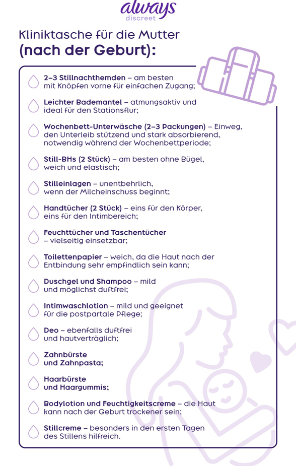 Kliniktasche für die Mutter (nach der Geburt) - Checkliste