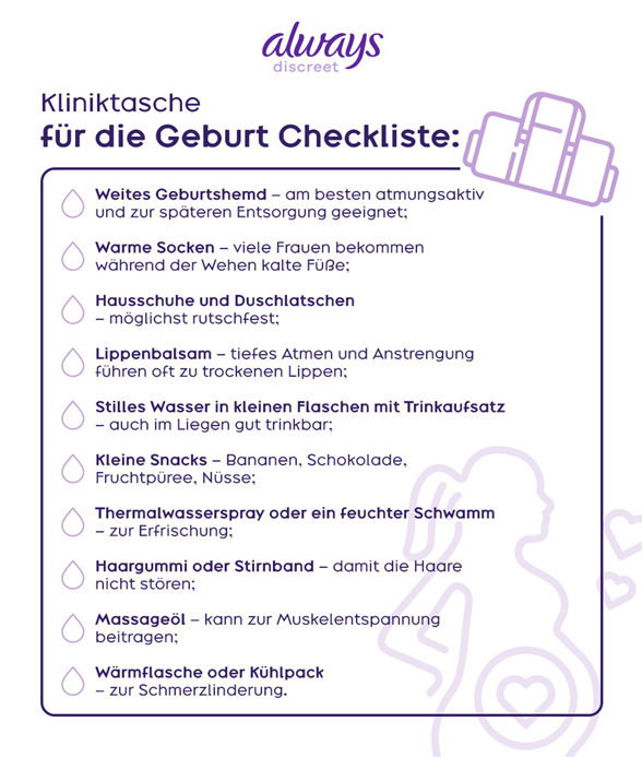 Kliniktasche für die Geburt Checkliste
