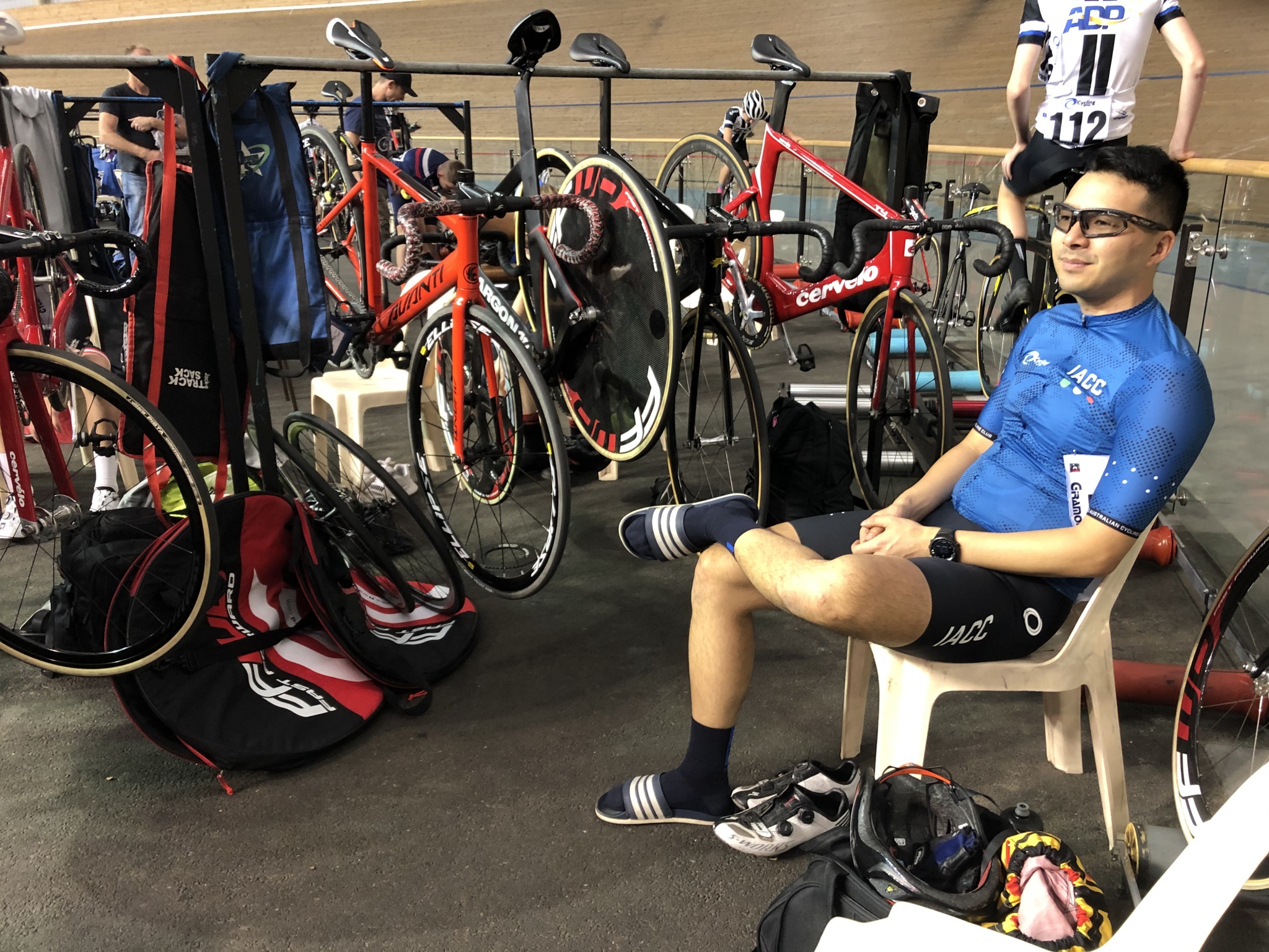 There’s a few of us that do some track racing. Justin Lui relaxes between races at the Bell Helmets Open