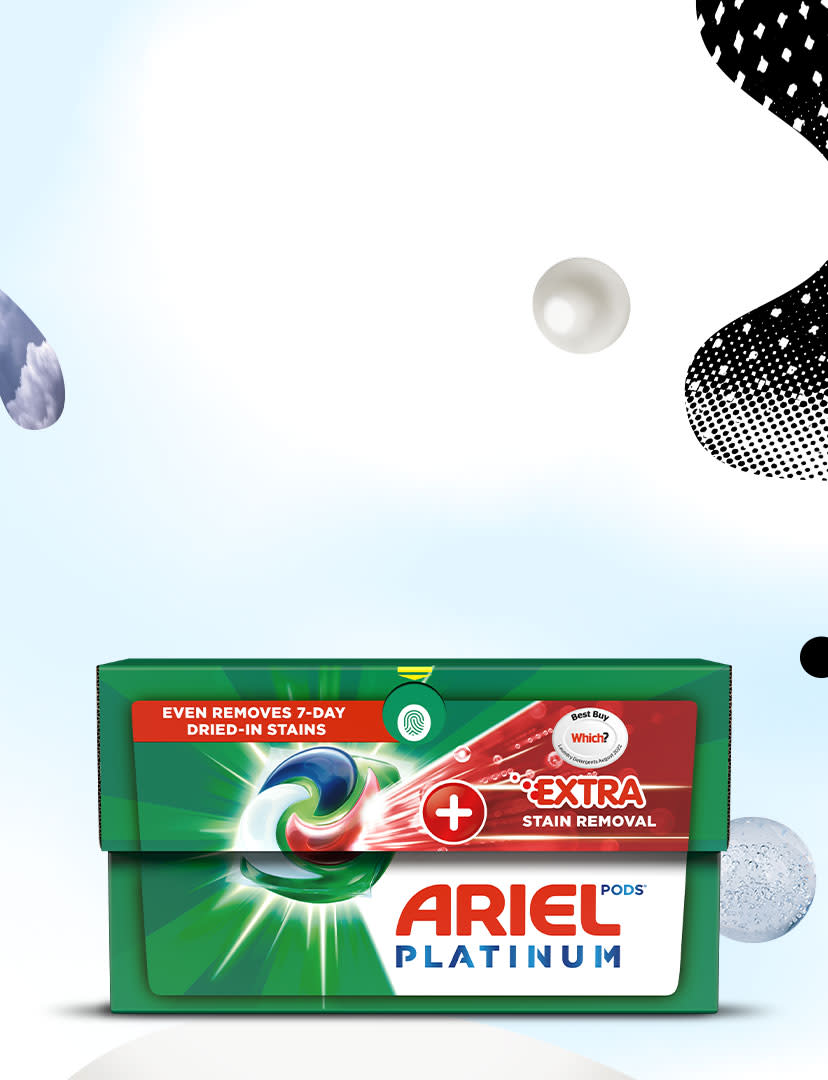 Ariel Platinum PODS® + Extra Stain Removal even removes 7-day dried-in stains.