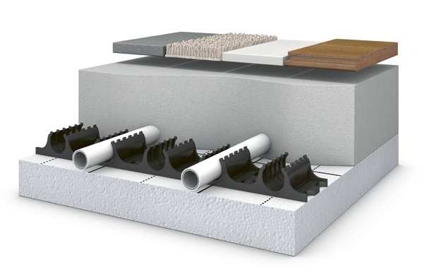 3D-Schnittbild des Nassbau-Flächenheizsystems von Meier Tobler: Heizrohre werden in eine massive Estrichschicht eingegossen. Hohe Wärmespeicherfähigkeit und freie Wahl des Bodenbelags – ideal für Fussbodenheizung im Neubau.
