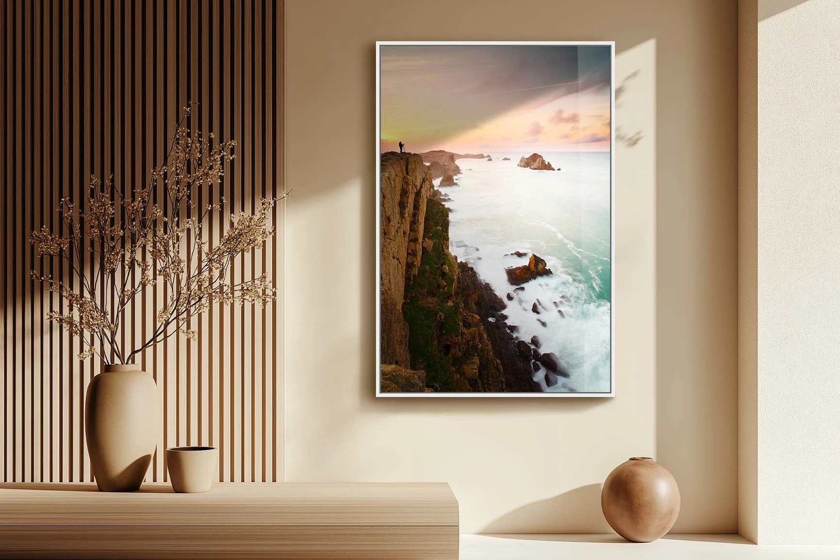 Framed landscape photo of a steep coastline with rocks, sea, and sunset sky. Framed landscape photo of a steep coastline with rocks, sea, and sunset sky.