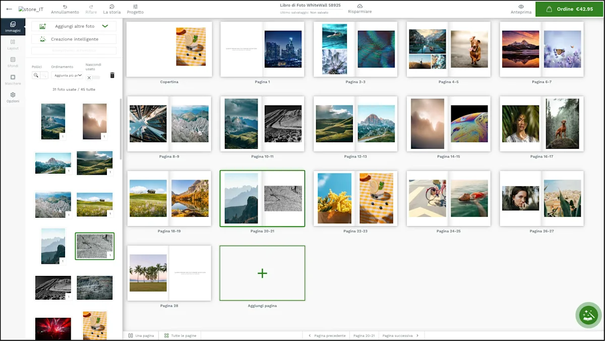 Editor online - Panoramica della pagina Editor di fotolibri da tavolino WhiteWall che mostra l’interfaccia utente con impaginazioni fotografiche di immagini naturalistiche e ritratti.