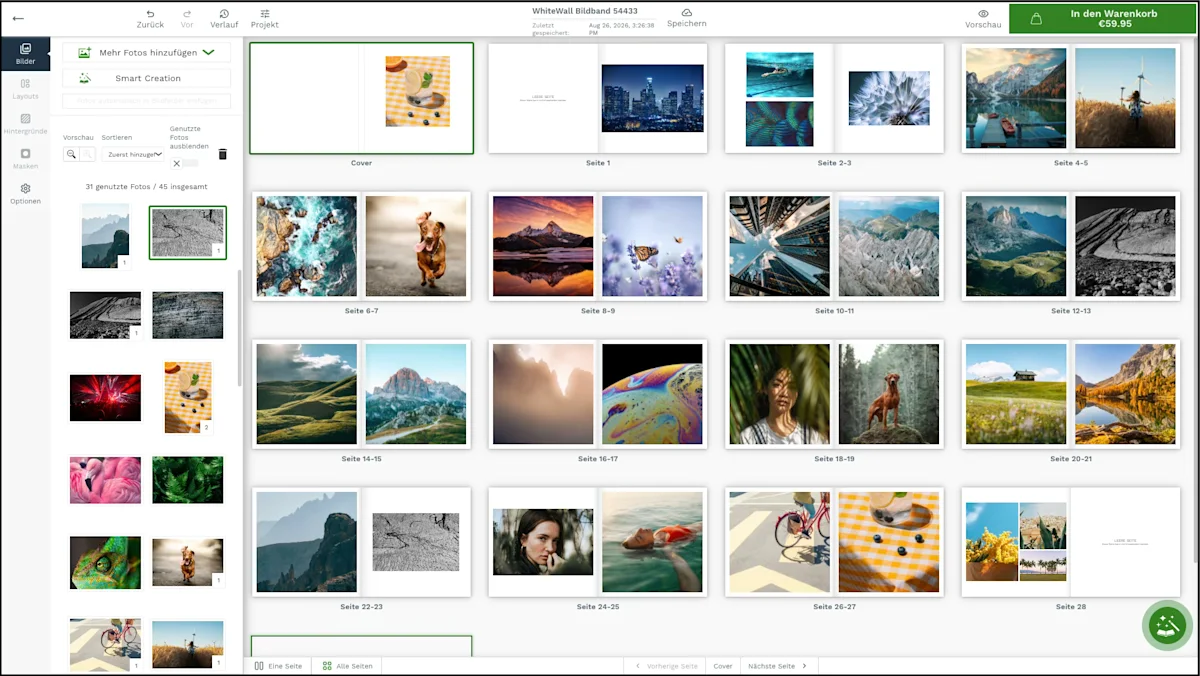 Online-Editor – Seitenübersicht Benutzeroberfläche des Bildband Editors, die Seitenlayouts mit Natur- und Porträtaufnahmen zeigt.