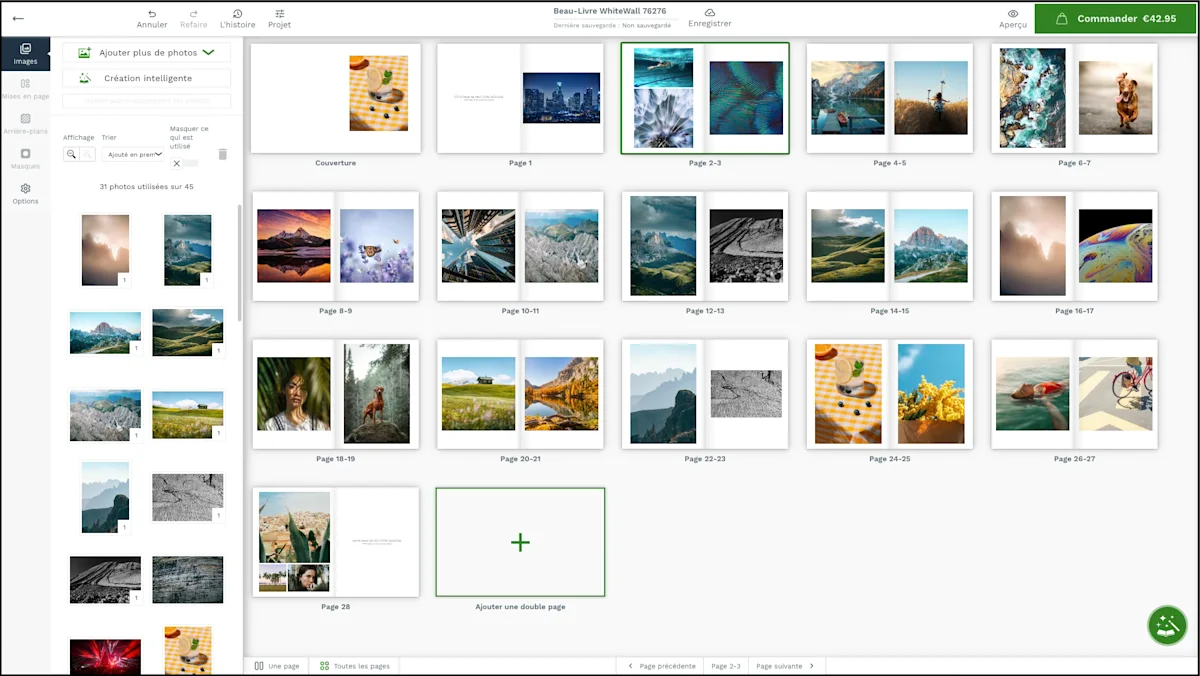 Éditeur en ligne - Aperçu de la page Éditeur de livre photo de table basse WhiteWall affichant une interface utilisateur avec des mises en page de photos de nature et de portraits.