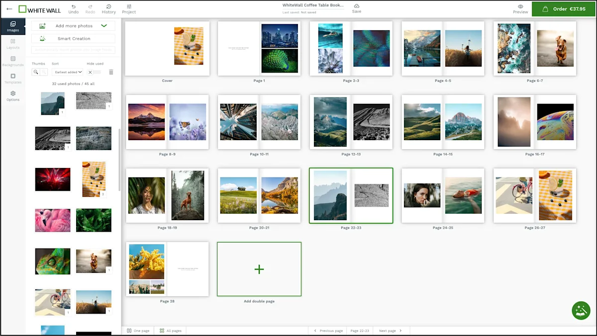Online Editor - Page overview WhiteWall coffee table book editor showing user interface with photo layouts of nature and portrait images.