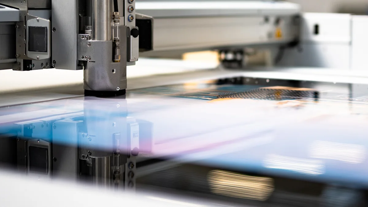 ChromaLuxe cutting process close-up image Close-up of a large format cutting machine head moving across colorful media, with blur effect showing the printing process