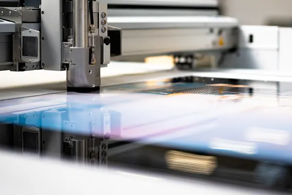 Close-up of a large format cutting machine head moving across colorful media, with blur effect showing the printing process
