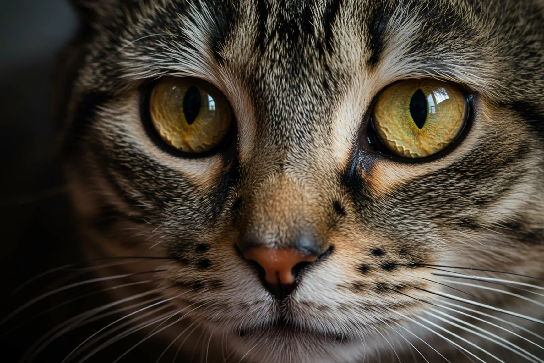 Close-up of a cat's head Close-up of a tabby cat's face with yellow-green eyes and a pinkish-brown nose.