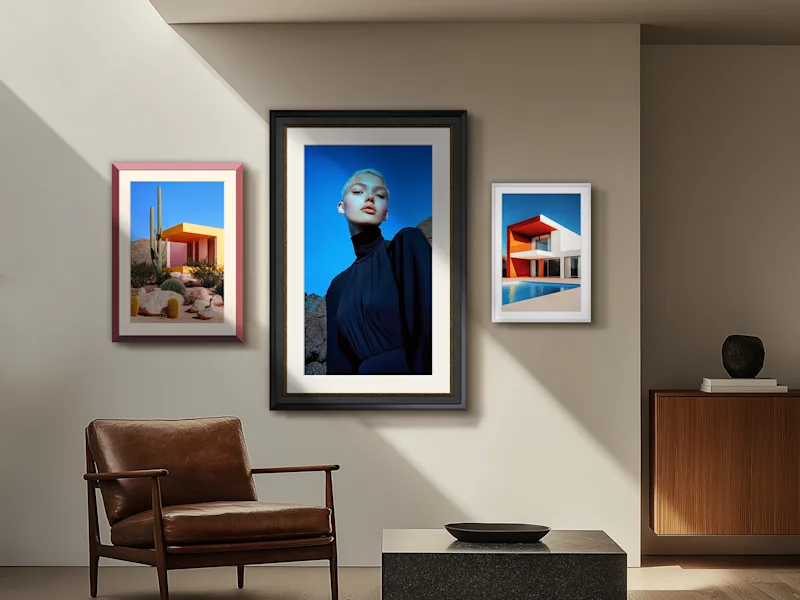 Metallic Photo Print On Fuji Crystal Pearl Several metallic Ultra HD photo prints on Fuji Crystal Pearl paper in frames hanging on a wall.