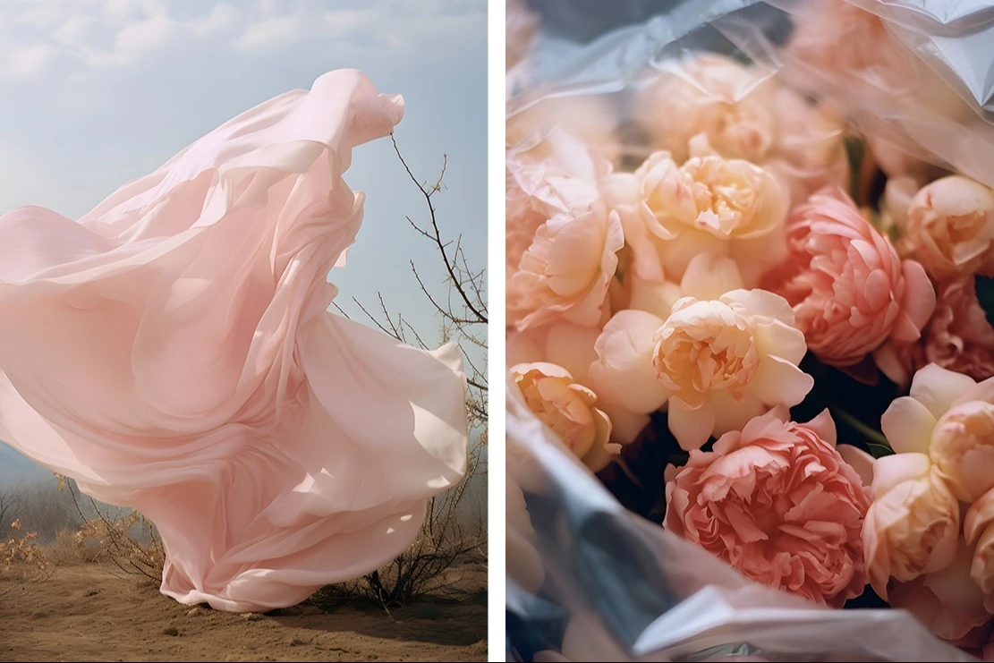 two pictures by Mariam Sitchinava, pink flowers and pink fabric flowing in the air.