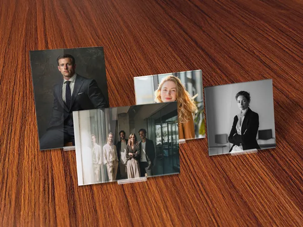WhiteWall Mini Photo products showing corporate photos displayed on a sideboard.