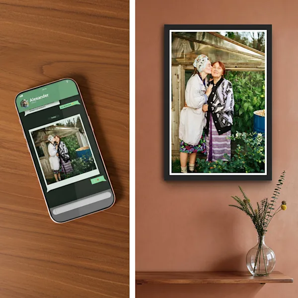 From Smartphone image to wall art with SuperResolution Split image showing a phone displaying a photo and the same photo framed on a wall above a brown leather bench in a modern interior.
