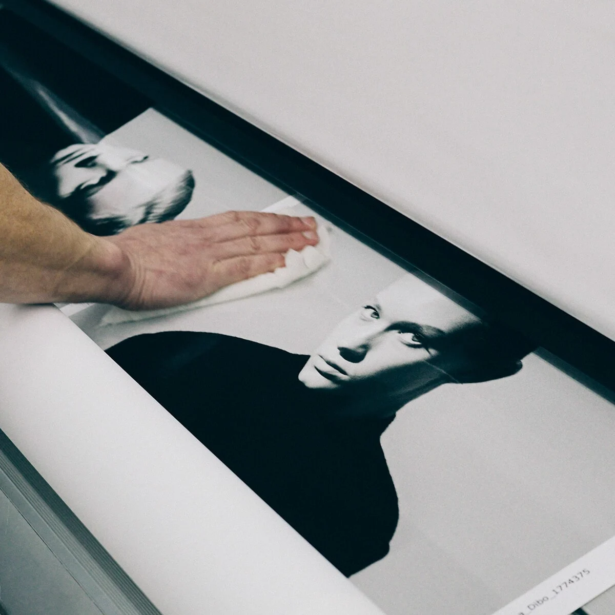 Schwarz-weißen Porträtfotografien, die gerade auf großen Prints gedruckt werden Schwarz-weißen Porträtfotografien, die gerade auf großen Prints gedruckt werden