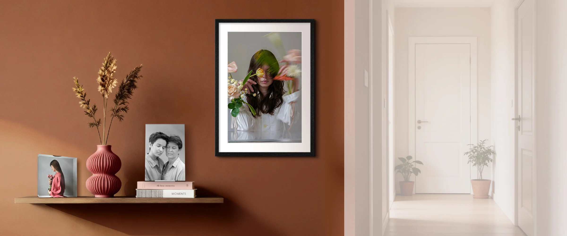Gallery wall with framed black and white photo portrait and photo gifts standing on a shelf.