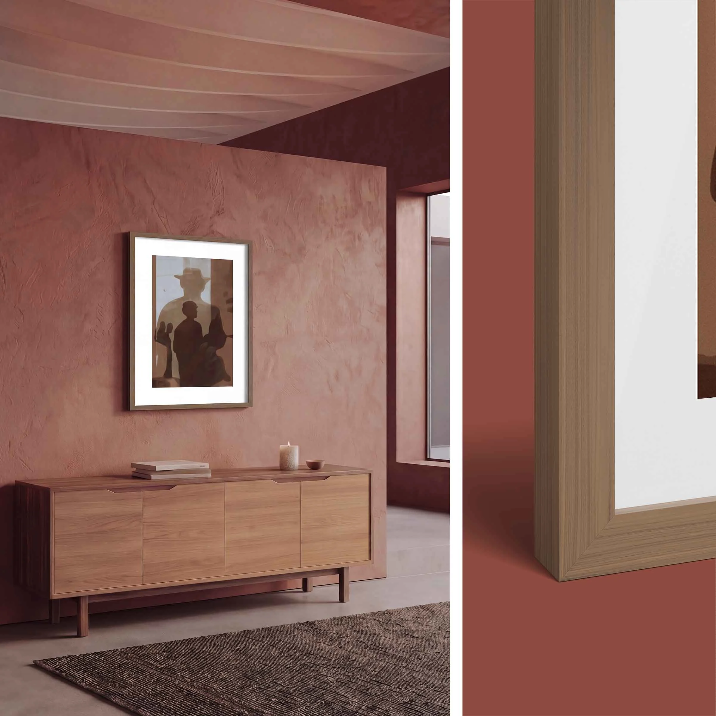 Gerahmter Fine Art Print Gerahmter Fine Art Print mit einer braun-schwarzen Silhouettenkomposition an einer rotbraunen Wand über einem schlichten Sideboard aus hellem Holz.