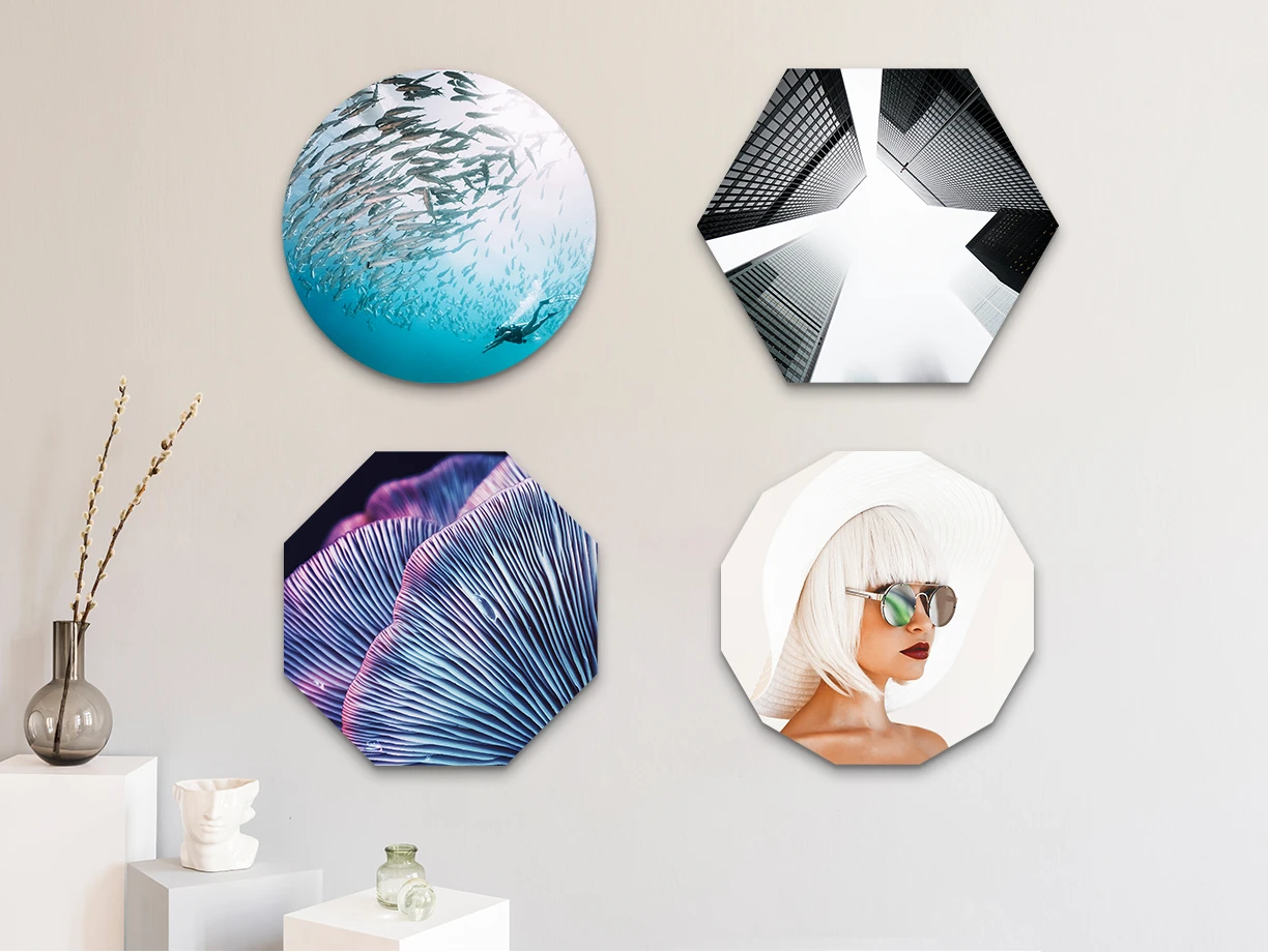 Different motifs on 4 different image formats - Round, Hexagon, Octagon and Dodecagon hanging on a wall.