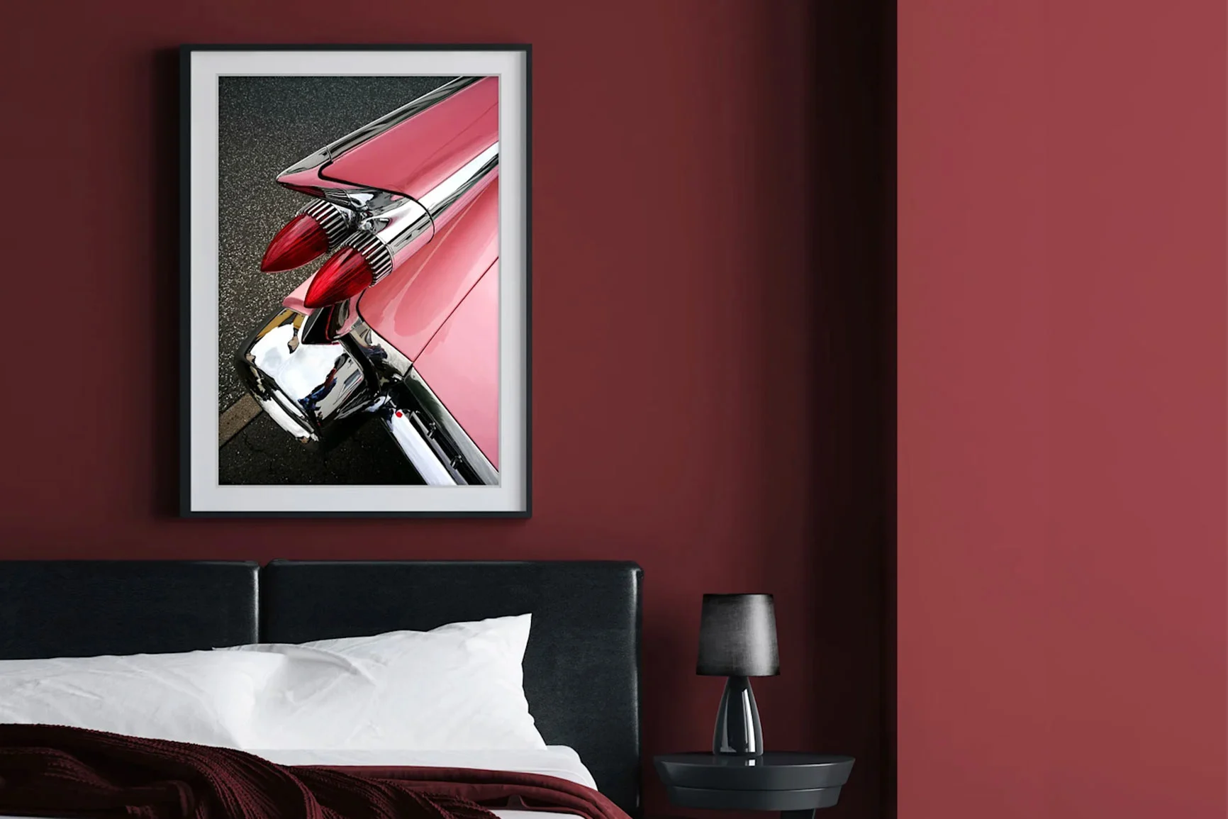 Framed Photo Print on Fujiflex glossy paper Print on glossy Fujiflex with a frame, featuring a pink car seen from the rear, hanging on a wall.