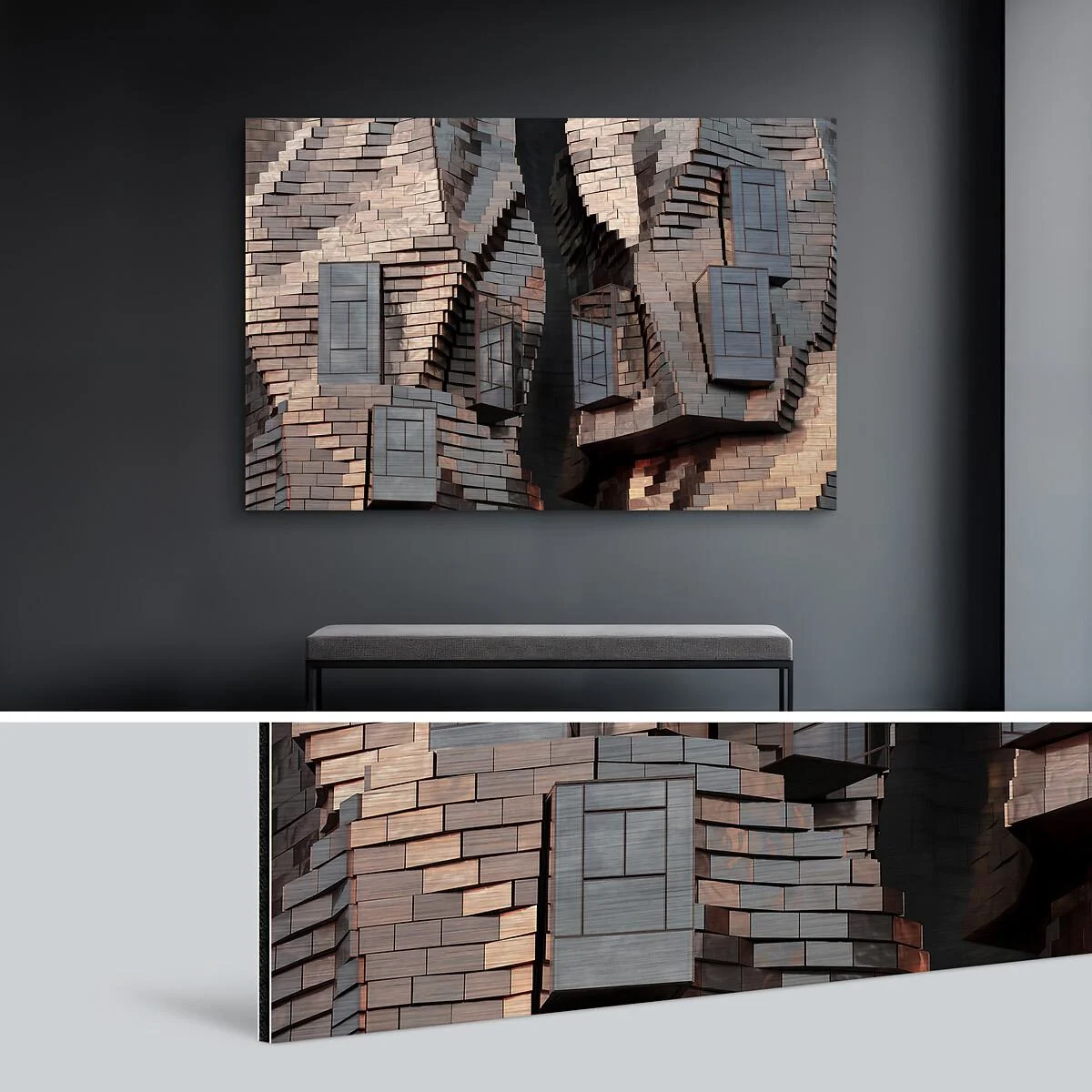 Photo print on brushed aluminum Dibond shows an abstract representation of building facades with window shapes in brown and gray tones. Photo print on brushed aluminum Dibond shows an abstract representation of building facades with window shapes in brown and gray tones.