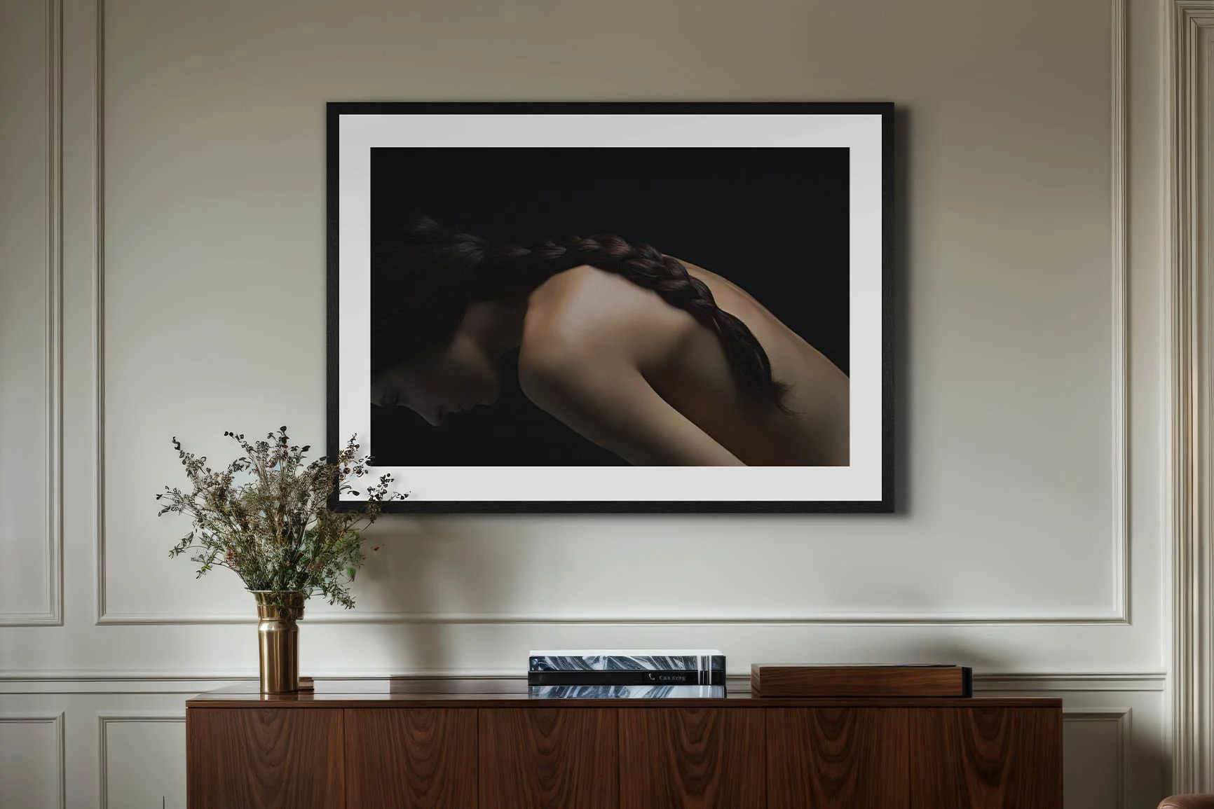 Woman with Braided Hair on Textile Canvas A canvas print made of fabric featuring a close-up shot from the side of a woman with braided hair, leaning forward against a light-colored wall.