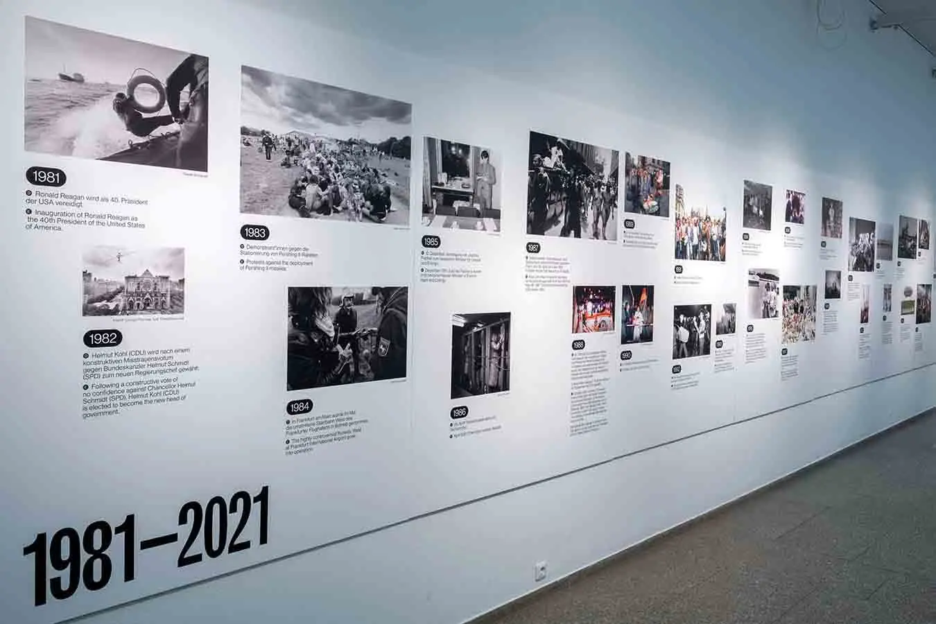 Timeline of laif history (1981-2021) supported with photos printed as a WhiteWall Forex print.