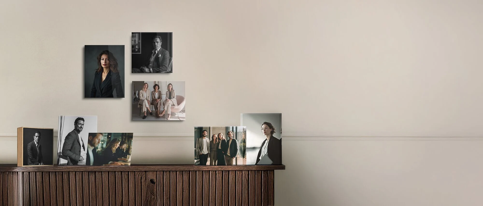 Collection of professional business portraits and group photos arranged on a shelf against a light gray wall