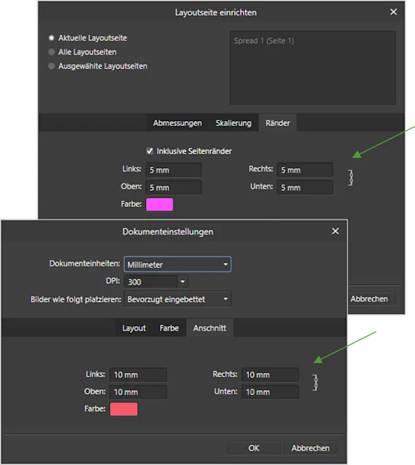 Screenshot mit Angaben zu Maßen und Rändern in Affinity Publisher für den PDF-Upload Zwei kombinierte Bildschirmaufnahmen, die die Maße und Ränder einer Seite in Affinity Publisher zeigen, welche als Cover eines WhiteWall Coffee Table Books gedruckt werden soll.
