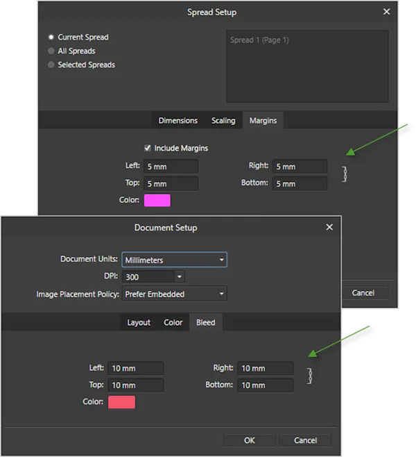 Screenshot indicating the measures and margins in Affinity Publisher for PDF Upload Two combined screenshots showing the measures and margins of a page in Affinity Publisher that will be printed as the cover of a WhiteWall Coffee Table Book.