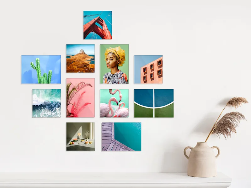 WhiteWall Acrylic Mini Multiple whitewall mini acrylic prints as a hanging on a wall.