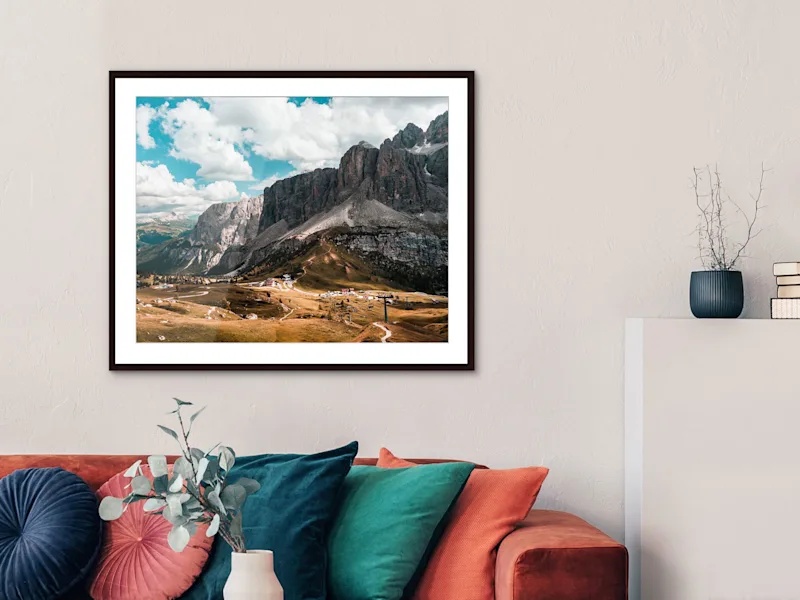 Photo Print On Fuji Crystal DP II Mountain landscape as a Fuji Crystal DP II photo print in a frame hanging on a wall.