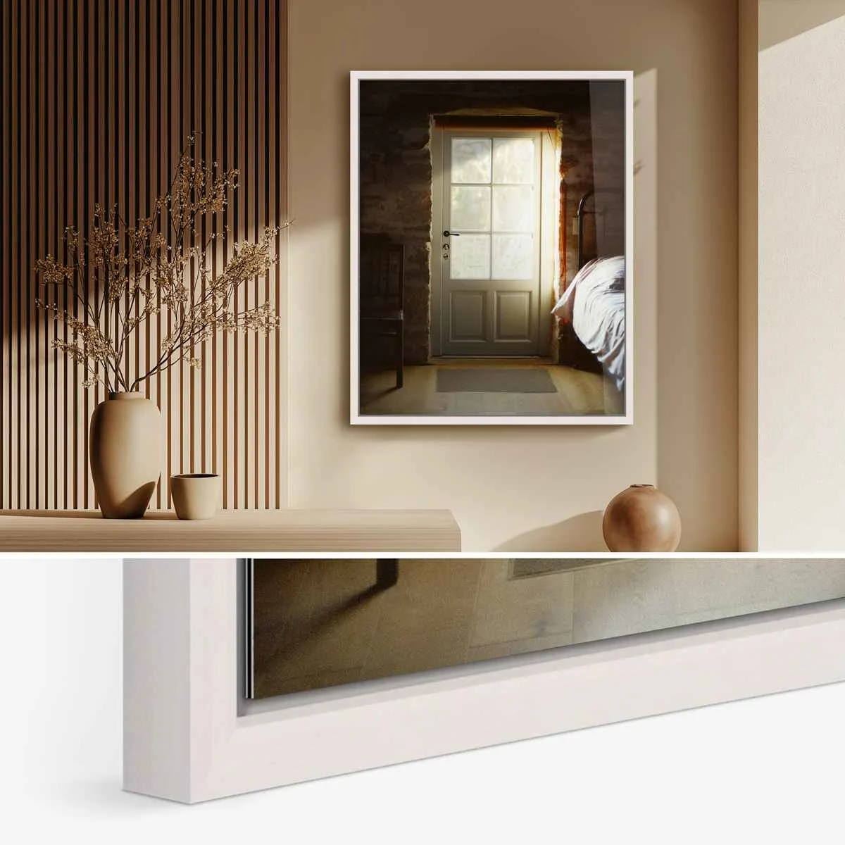 Above: photo of a room with a door and bed, hanging on the wall in a shadow gap frame; below: close-up of the frames. Above: photo of a room with a door and bed, hanging on the wall in a shadow gap frame; below: close-up of the frames.