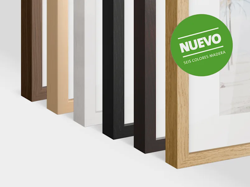 Selector de Productos con Marco Magnético Seis marcos magnéticos intercambiables en diferentes tonos de madera de oscuro a claro alineados, círculo verde a la derecha con texto 'NUEVO SEIS COLORES DE MADERA'.