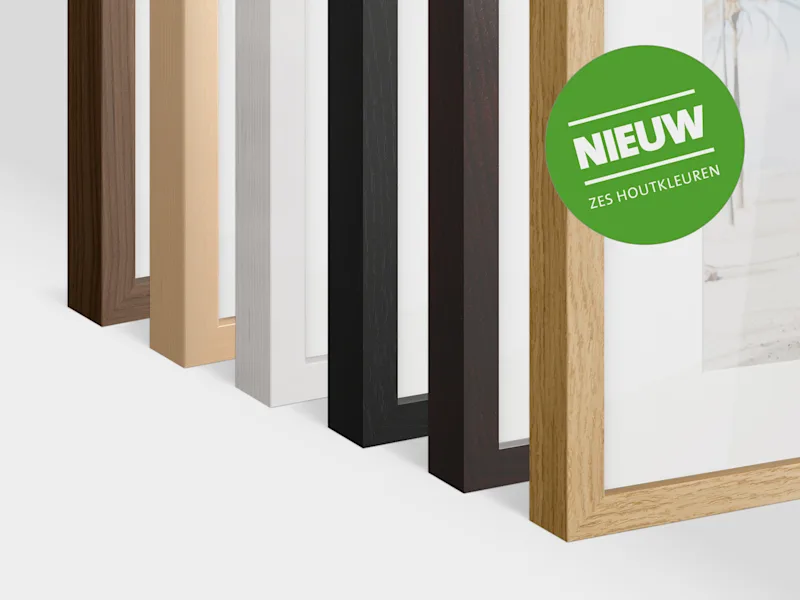 Houten Magnetische Lijstprofielen Zes magnetische wissellijsten in verschillende houtkleuren van donker naar licht naast elkaar, rechts een groene cirkel met tekst 'NIEUW ZES HOUTKLEUREN'.