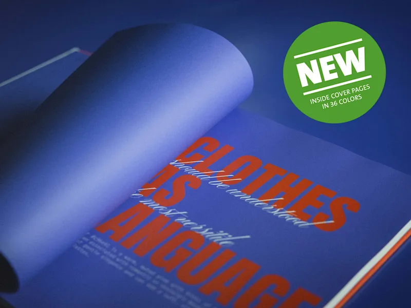 Coffee Table Book with colored endpapers Open Coffee Table Book page with purple background and large orange text 'CLOTHES IS LANGUAGE' and green sticker with white text 'NEW INSIDE COVER PAGES IN 36 COLORS'