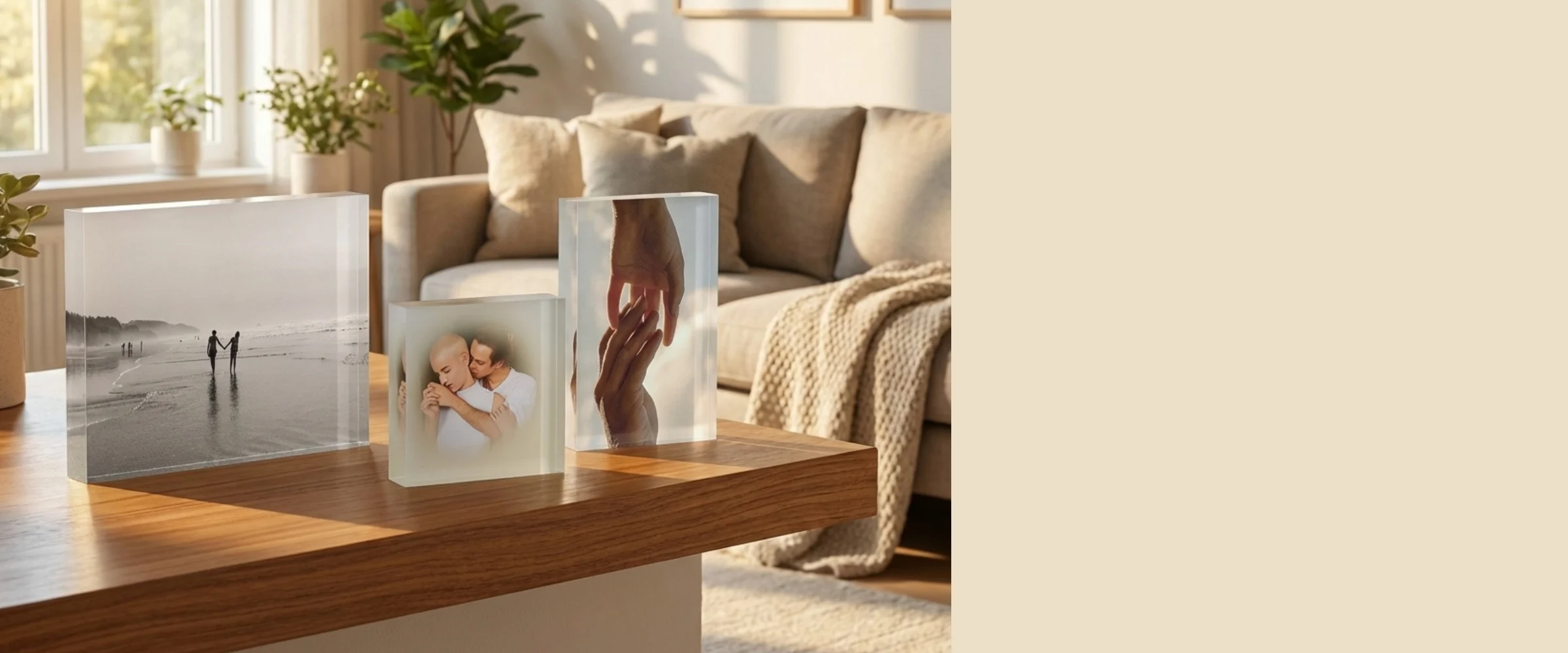 blocs photo en acrylique présentant des photos romantiques de plage sur une table basse en bois dans un salon chaleureux avec éclairage naturel
