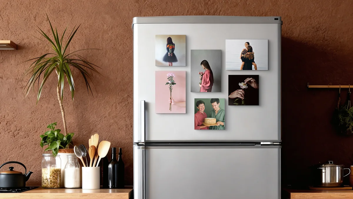 Acrylic Photo Tile Magnets hanging on a fridge Acrylic Photo Tile Magnets hanging on a fridge.
