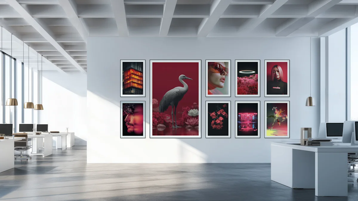 Wall Design for Offices Moderner Büroraum mit weißer geometrischer Decken- und Wandgestaltung, in dem eine Sammlung roter und schwarzer künstlerischer Fotografien in weißen Rahmen ausgestellt ist